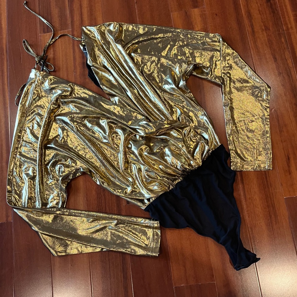 Lulus Gold Bodysuit Top Shiny Liquid Metallic Long Sleeve Black Thong Bottom‎ XS